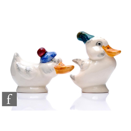 364 - Clarice Cliff - Shorter & Sons - A pair of novelty salt and pepper pots modelled as novelty duck... 