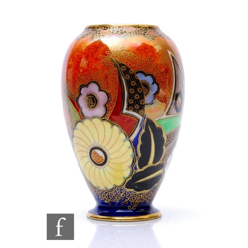 491 - Carlton Ware - A small Art Deco footed ovoid vase in the Geometric Sunflower pattern with underglaze... 