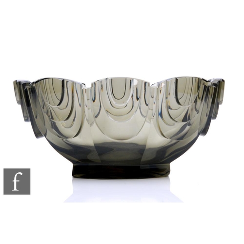 500 - Moser - A 1930s Art Deco glass bowl of footed oval section cut with repeat stepped semi-circular pan... 