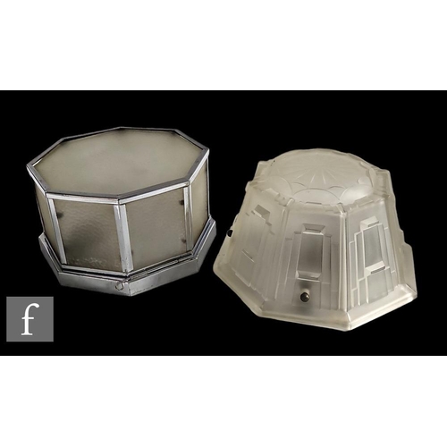 513 - Unknown - A 1930s Art Deco ceiling light, the frosted glass decorated with stepped block design to t... 