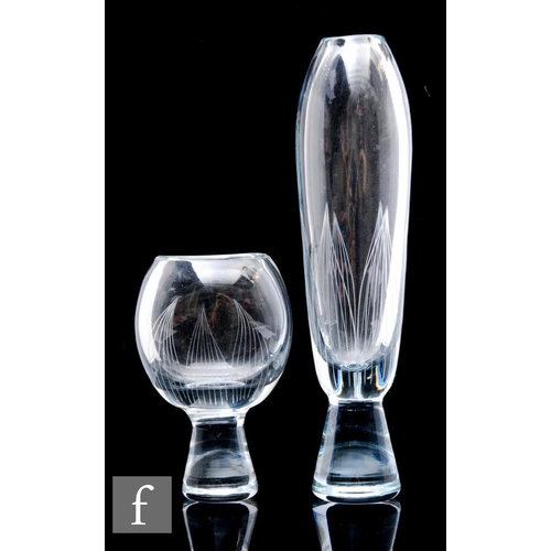 893 - Bengt Orup - Johansfors - A clear crystal glass vase of tapered sleeve form, engraved with stylised ... 