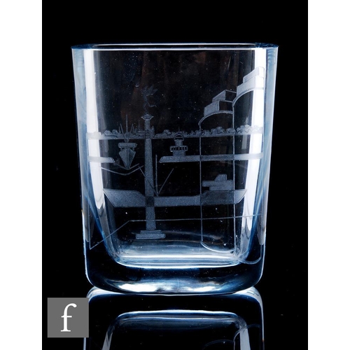 903 - Strombergshyttan - A 20th Century clear crystal glass vase of rectangular section, decorated with en... 