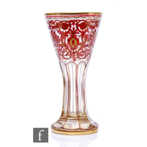 993 - Unknown - A Bohemian clear crystal vase, of facet cut waisted flared form, decorated with ruby flora... 