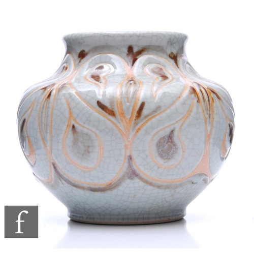 1111 - Agnete Hoy - Bullers Milton - A studio pottery vase, of footed shouldered squat ovoid form with ever... 