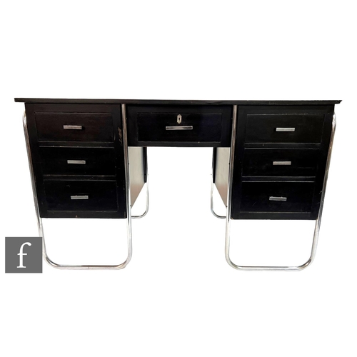 537 - PEL (Practical Equipment Ltd) - A 1930s Art Deco desk, the black laquered frame with twin banks of d... 