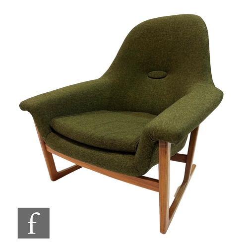 734 - Unknown, probably Danish - A mid century armchair or easy chair, in moss green hopsack style upholst... 