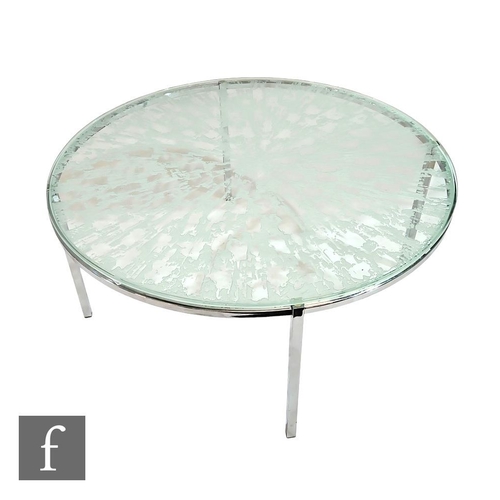 1185 - Unknown designer - A contemporary chrome framed coffee table with etched glass bark effect  circular... 