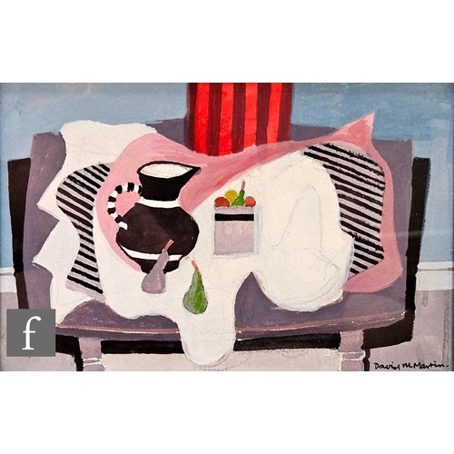 1162 - David Mc.Leod Martin, RSW, RGI, SSA (1922-2018) - Still life with fruit bowl and bottle on a table, ... 