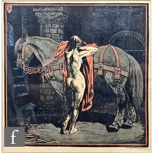 377 - Haydn Reynolds Mackey (1881-1979) - 'Lady Godiva', hand coloured linocut, signed in pencil, framed, ... 