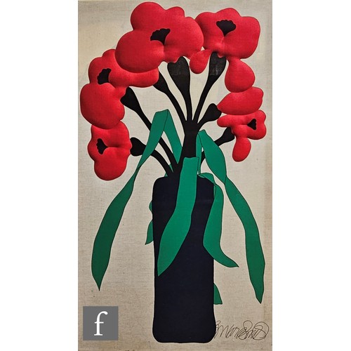 1126 - Howard Smith - Vallila Finland - A large applique wall hanging panel depicting a vase of poppies in ... 