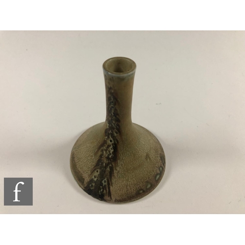 1078 - Emily Myers - Four pieces of studio pottery comprising a compressed beaker vase with painted black a... 