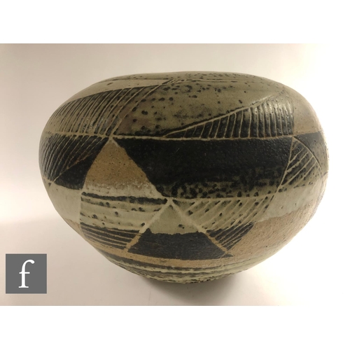 1109 - AMENDED DESCRIPTION Unknown - A large later 20th Century studio pottery vase of compressed ovoid for... 