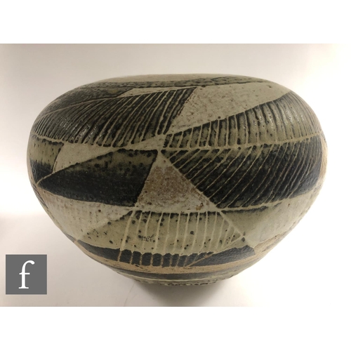 1109 - AMENDED DESCRIPTION Unknown - A large later 20th Century studio pottery vase of compressed ovoid for... 