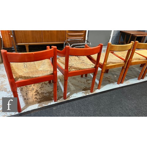 725 - Vico Magistretti - Cassina - A set of six Carimate chairs with red stained beech frames and woven gr... 