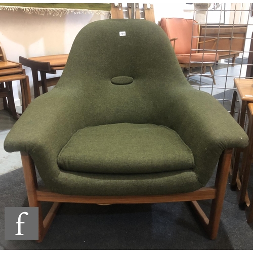 734 - Unknown, probably Danish - A mid century armchair or easy chair, in moss green hopsack style upholst... 