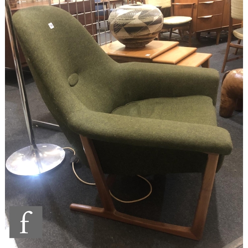 734 - Unknown, probably Danish - A mid century armchair or easy chair, in moss green hopsack style upholst... 