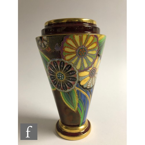 485 - Violet Elmer - Carlton Ware - A 1930s Art Deco shape 777 vase decorated in the Wagon Wheel pattern w... 