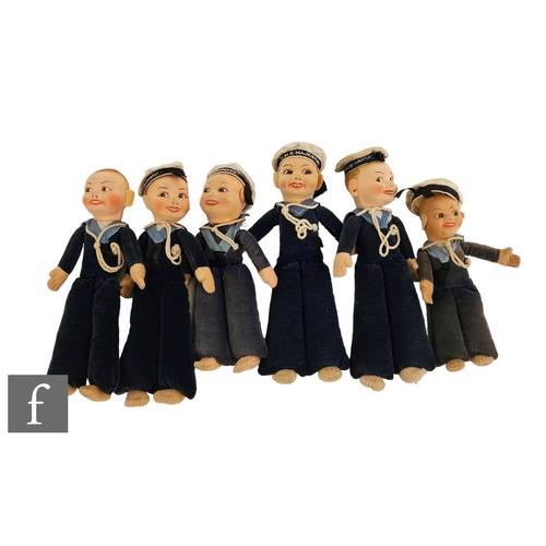 4493 - Six Norah Wellings cloth sailor dolls, with moulded and painted faces and integral velveteen clothin... 