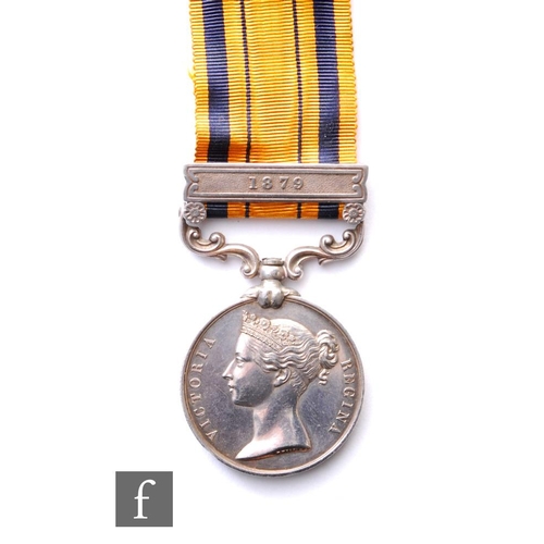 A South Africa medal with 1879 bar to 321 Pte James Daly 99th Foot Regiment, sold with research paperwork.