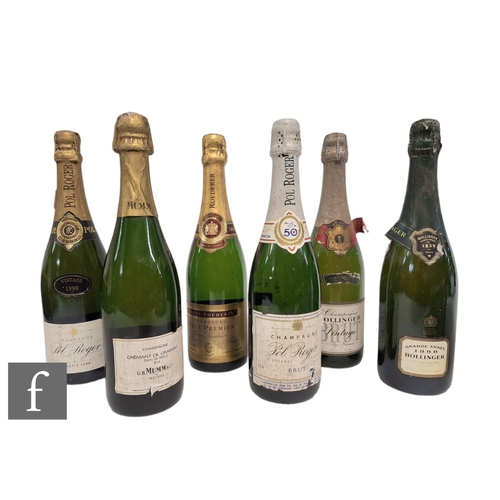 411 - A collection of champagnes, to include Bollinger 1976, Bollinger Grande Annee 1990, Pol Roger 'Battl... 