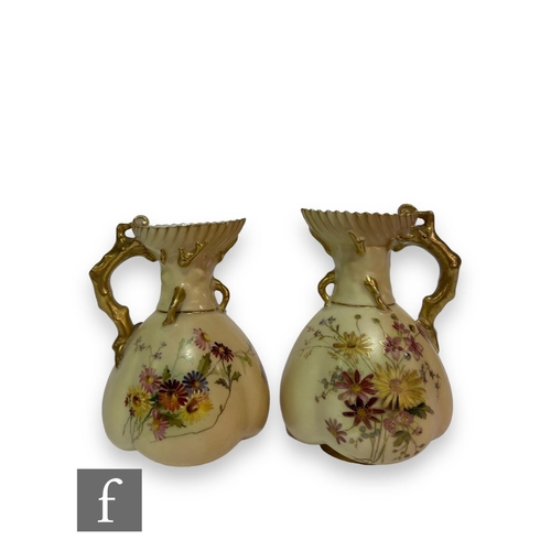 58 - A near pair of Royal Worcester blush jugs, shape 1507, with quatrelobed body and flared neck with gi... 