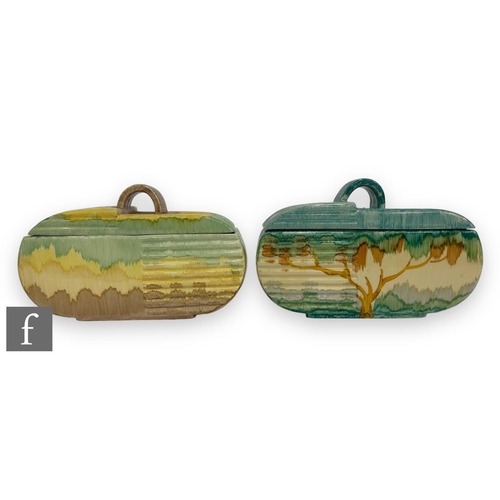 77 - A 1930s Beswick Art Deco shape 170 biscuit barrel, hand painted with a stylised tree in tonal green ... 