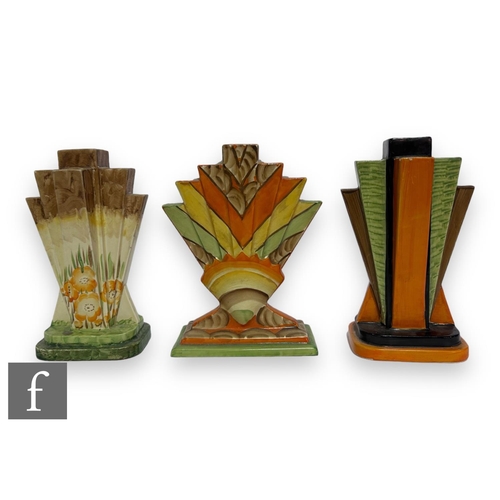 79 - A 1930s Art Deco Myott Son & Co Odeon style vase, the stepped rectangular foot with a flared fiv... 