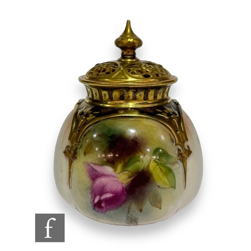 98 - A late 19th Century Royal Worcester Hadley shape 175 Pomander and cover of quatrelobed form with a p... 