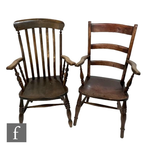 581 - A 19th Century ash lathe back elbow chair on turned splayed legs and a similar elbow chair. (2)