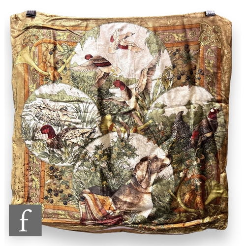 238 - A 1990s Salvatore Ferragamo velvet cushion cover, decorated with hunting references depicting a beag... 