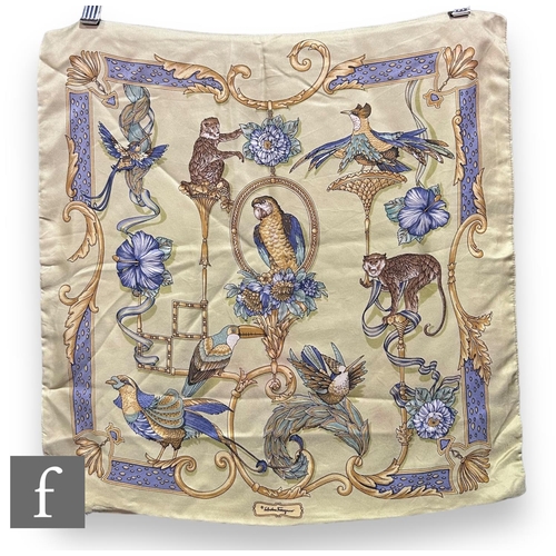 237 - A 1990s Salvatore Ferragamo silk cushion cover, decorated in the Birds and Flowers pattern with a st... 