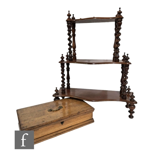 584 - A miniature Victorian mahogany two tier what not and an oak deed box. (2)