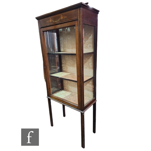 602 - An Edwardian inlaid and painted floral mahogany display cabinet enclosed by a glazed door below a sh... 