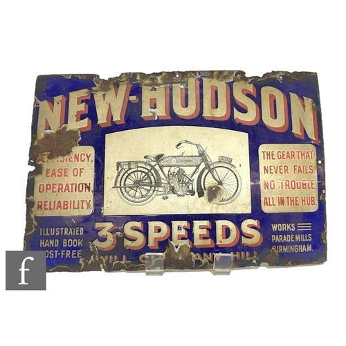 An early 20th Century single sided enamel advertising sign for 'New-Hudson 3-Speeds' motorcycles, Parade Mills, Birmingham, height 31cm and width 46cm, some corrosion, wear and losses.