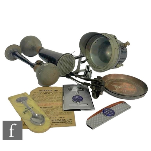 361 - Various items of automobile interest to include a Powell and Hanmer Ltd motorcycle headlamp, two hor... 