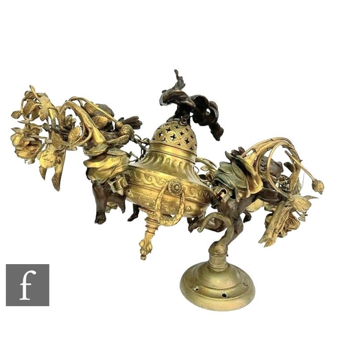 350 - An early 20th Century French ceiling light fitting of conical fluted gilt form, mounted with three w... 