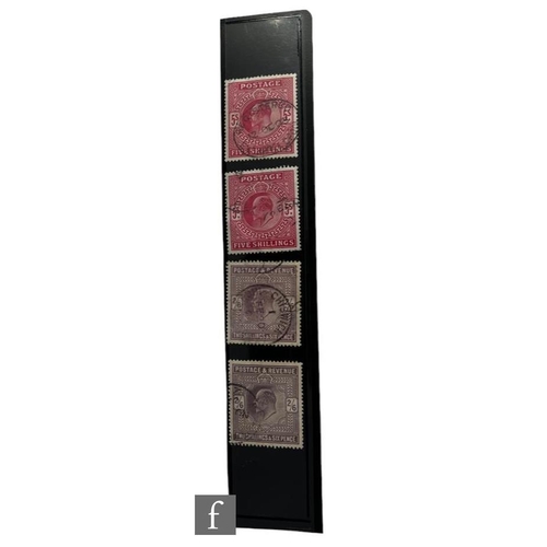 537 - A small group of used Edward VII postage stamps to include two SG263 5/- bright carmine stamps, one ... 