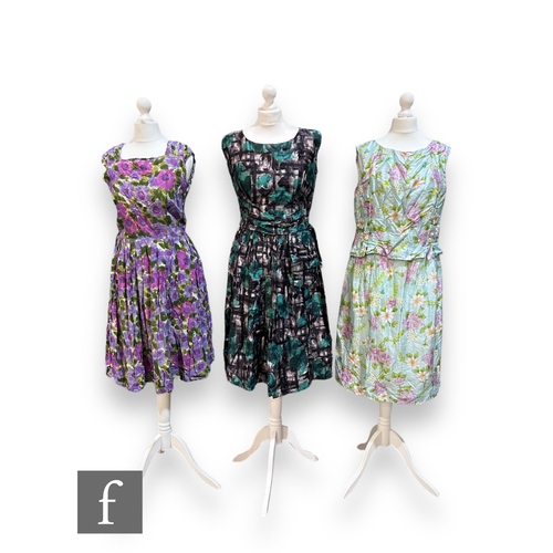 224 - Three 1950s/60s lady's vintage sleeveless dresses, comprising a pale blue midi dress with stylised p... 