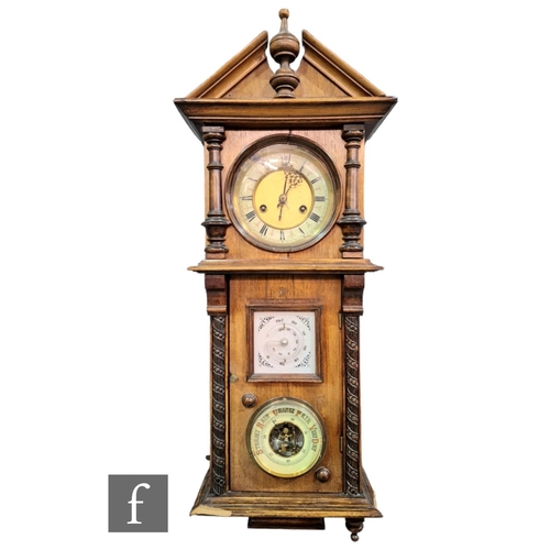 396 - A late Victorian walnut cased wall clock/barometer, circular dial with eight day movement above a th... 