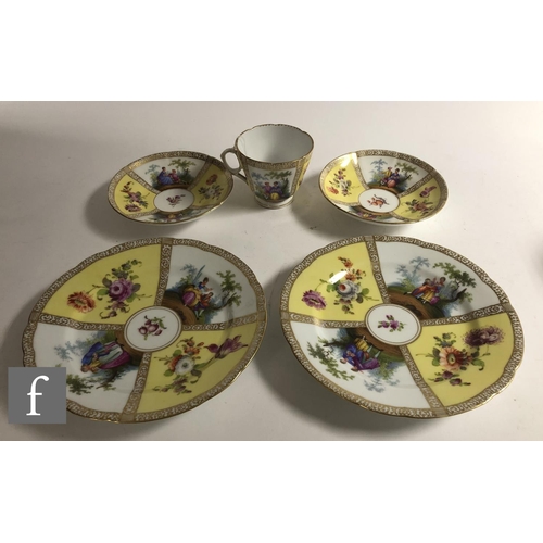 143 - A quantity of Dresden porcelain to comprise teacups and saucers, twin handled cups with quatrelobed ... 