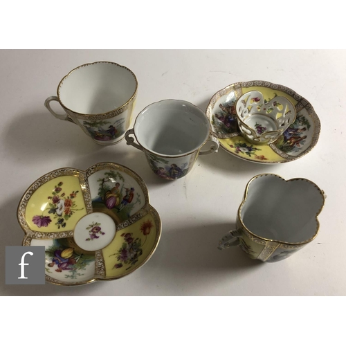 143 - A quantity of Dresden porcelain to comprise teacups and saucers, twin handled cups with quatrelobed ... 