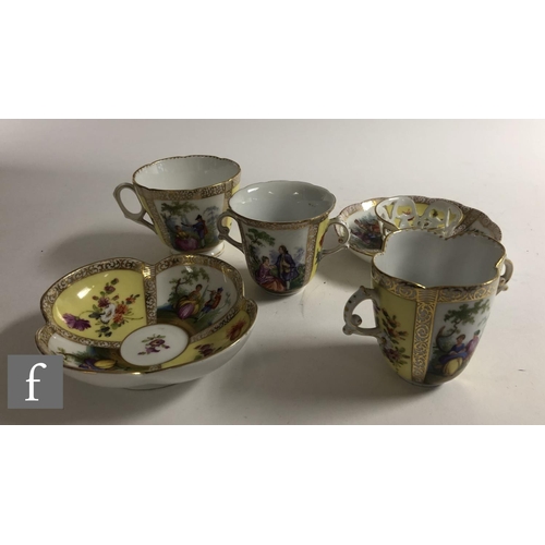 143 - A quantity of Dresden porcelain to comprise teacups and saucers, twin handled cups with quatrelobed ... 