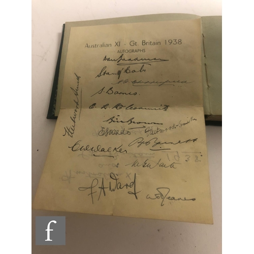 320 - An autograph book with a signed sheet of the Australian XI and Great Britain 1938 cricket teams, ano... 