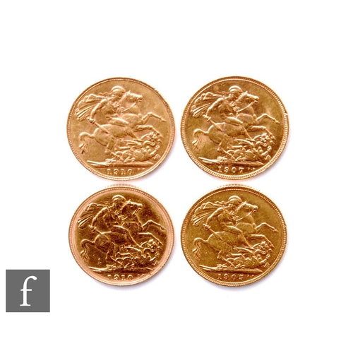 113 - Edward VII - Four sovereigns, 1905, 1907 and 1910 x 2, reverse George & Dragon. (4)