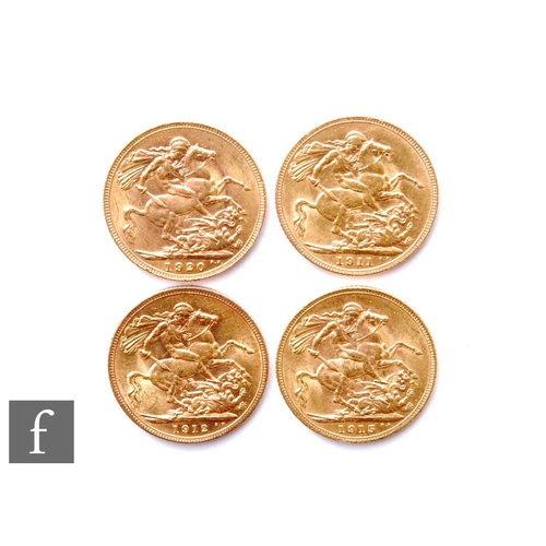 121 - George V - Four sovereigns, 1911, 1912, 1915 and 1920, reverse George & Dragon. (4)