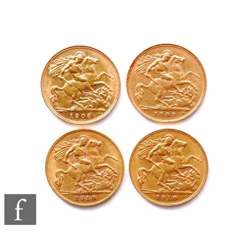 206 - Edward VII - Four half sovereigns, 1908, 1909 and 1910 x 2, St George & Dragon. (4)