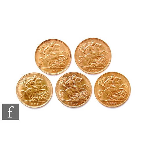 209 - Edward VII - Five half sovereigns, 1905, 1909 x 2, 1910 x 2 and 1907, St George & Dragon. (5)