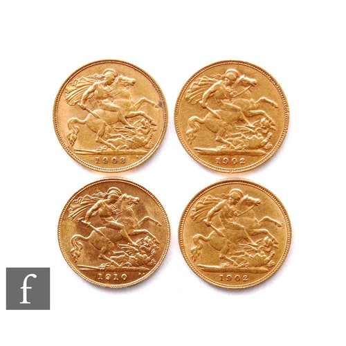 210 - Edward VII - Four half sovereigns, 1902 x 2, 1908 and 1910, St George & Dragon. (4)