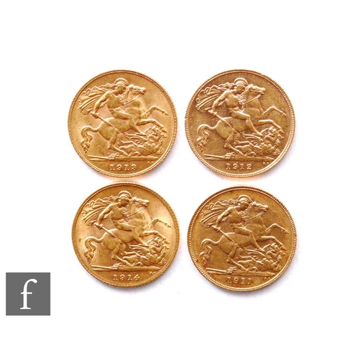 211 - George V - Four half sovereigns, 1911, 1912, 1913 and 1914, St George & Dragon. (4)