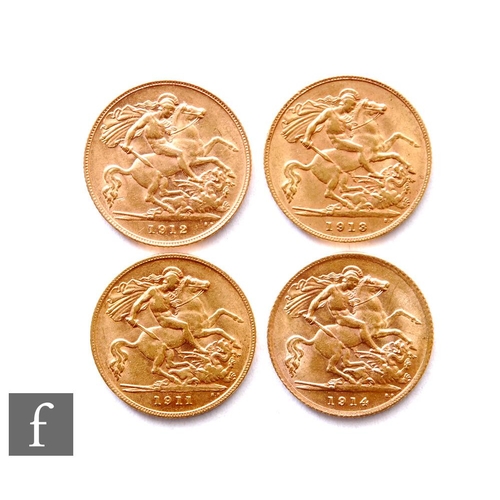 212 - George V - Four half sovereigns, 1911, 1912, 1913 and 1914, St George & Dragon. (4)